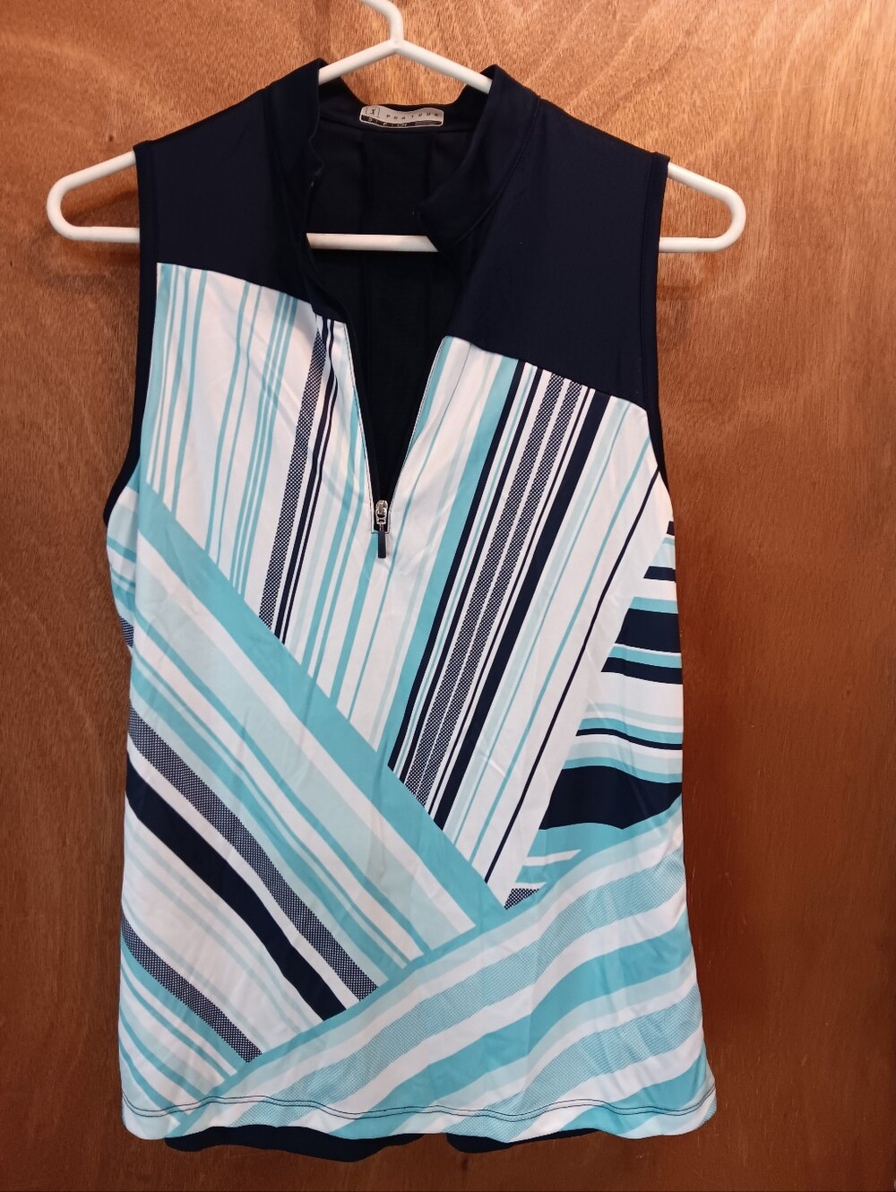 PGA Tour Sleeveless Aqua, Navy & White Striped Zip-Front Tank